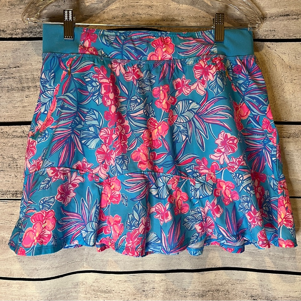 Lilly Pulitzer Luxletic Fara Floral Tennis Skort Cumulus Blue Orchid Oasis Pink - Picture 2 of 8